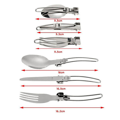 The Ten Essentials Camping Cookware Kit with Stove features foldable stainless steel cutlery—a knife, fork, and spoon. Perfect for outdoor cooking, each piece folds to 9.5 cm and extends to 16-16.5 cm with red arrows marking lengths—ideal for hiking and travel adventures.