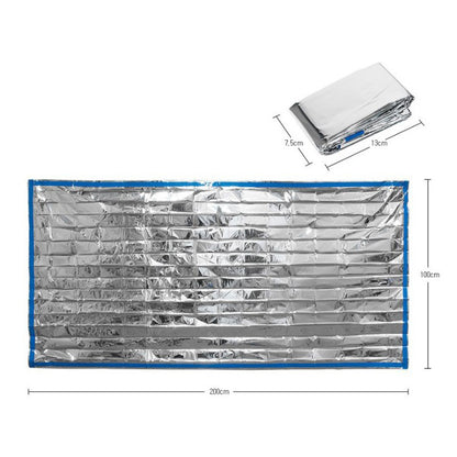 Image of a folded and unfolded Custom Outdoor Thermal Bivvy Survival Waterproof Emergency Sleeping Bag by Modalyst, with blue edges. Unfolded size is 200x100 cm, and the compact folded size is 13x7.5 cm, perfect for emergency use.