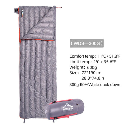 The Ten Essentials Widesea Ultralight Down Sleeping Bag features duck down filling, a comfort temp of 11°C/51.8°F, and a limit of 2°C/35.6°F. Weighing 600g and measuring 72*190cm, it is crafted from waterproof nylon fabric and includes a compact packed view for convenience.
