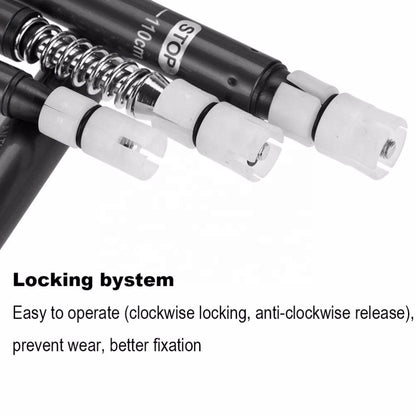 Close-up of Modalysts Adjustable Aluminum Trekking Poles’ locking system, with metal rods and white plastic components. The system is easy to use, featuring clockwise locking and anti-clockwise release, ideal for adjusting length during outdoor adventures.