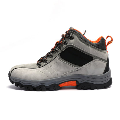 The My Store Breathable Waterproof Hiking Sneakers are rugged outdoor shoes featuring a gray upper with black and orange accents, anti-slip thick black sole with deep treads, metal lace hooks, and a padded orange interior for excellent cushioning on all terrains.