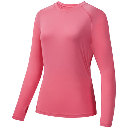 The Ten Essentials Bassdash Womens UPF 50+ Long Sleeve Performance Shirt features a pink color, crew neck, and thumbholes. Made from moisture-wicking fabric with 4-way stretch, it offers a fitted design perfect for athletic performance and sun protection during fishing or hiking.