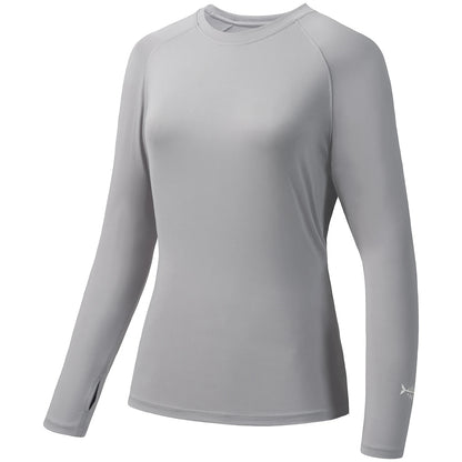 Bassdash Womens UPF 50+ Long Sleeve Performance Shirt by Ten Essentials offers sun protection for fishing and hiking. Featuring a gray, moisture-wicking fabric with thumbholes, this shirt has a smooth texture and a crew neckline. A small white logo is found on the left wrist.