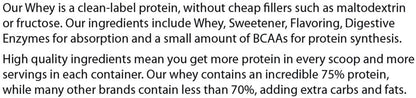 PureEx Absolute Whey - Vanilla by Purex Nutrition offers 75% protein content, exceeding many competitors. It contains only pure whey, sweetener, natural flavoring, and digestive enzymes to boost absorption and support muscle recovery with essential amino acids without using cheap fillers.