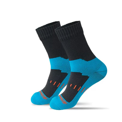 A pair of Ten Essentials mid-calf hiking socks in black and blue, accented with orange, featuring a ribbed cuff and crafted from a performance materials blend for comfort. The Waterproof Outdoor Sports Socks are perfect for skiing and hiking, shown on a plain white background.