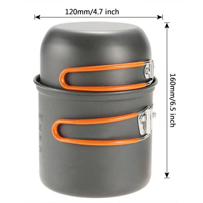 The Ten Essentials Camping Cookware Kit with Stove features a compact gray design and orange handles for easy stacking and portability. Measuring 120mm (4.7 inches) in diameter and 160mm (6.5 inches) in height, it’s perfect for outdoor cooking adventures while hiking or traveling.