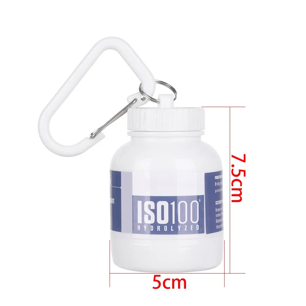 The Ten Essentials Mini Portable Protein Powder Bottle features a travel funnel and keychain. At 7.5 cm height and 5 cm width, its perfect for on-the-go protein needs.
