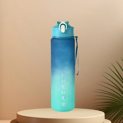 A tall Ten Essentials Sports Water Bottle (750-800ML) with a blue-turquoise gradient and leak-proof flip cover sits on a pedestal. SPIRIT is printed vertically in white. A palm leaf adds a tropical vibe, while the time-tracking straw inside promotes hydration goals.