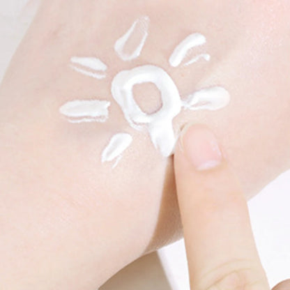 A hand displays a sun shape drawn with Ten Essentials SPF 50+ Lasting Sunscreen Cream. A finger points to the hydrating and whitening formula, highlighting its broad-spectrum protection for radiant skin.
