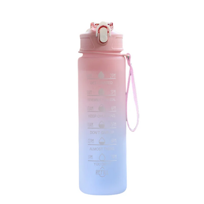 The Ten Essentials Sports Water Bottle features a pink and blue gradient design with a leak-proof flip-top lid, carrying strap, and time-tracking straw. Motivational quotes are included to encourage hydration throughout the day. Capacity: 750-800ML.