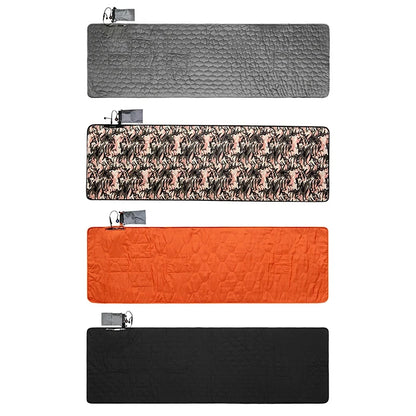 Four rectangular tech pouches are shown vertically: a gray with a geometric pattern, an earthy camo, bright orange quilted design, and plain black. Each easily attaches to the Ten Essentials USB Heated Sleeping Bag Pad – Adjustable 3-Level Heating Camping Mat for enhanced comfort and fast heating.