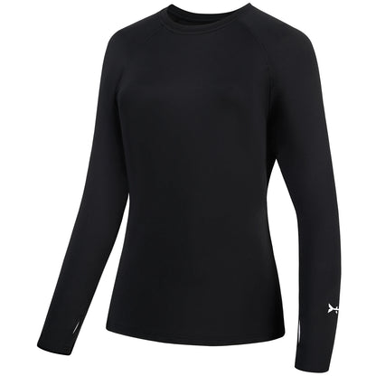 The Bassdash Womens UPF 50+ Long Sleeve Performance Shirt by Ten Essentials is black, with a crew neckline and 4-way stretch fabric. It includes sleeve thumbholes, a small white logo near the left wrist, and offers a smooth, fitted design for comfort during any activity. Ideal for sun protection while fishing or hiking.