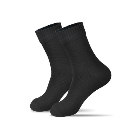 The black Waterproof Outdoor Sports Socks by Ten Essentials, standing against a plain white background, feature a textured ribbed surface. Ideal for hiking and skiing, they slightly elevate to highlight their durable shape.