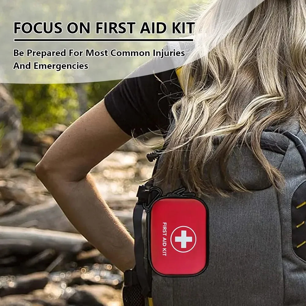 A person with long blonde hair carries a gray backpack containing a red Ten Essentials Portable First Aid Kit Bag for emergencies. Text reads, Focus on First Aid Kit: Be Prepared for Most Common Injuries and Emergencies, highlighting the significance of emergency readiness outdoors.