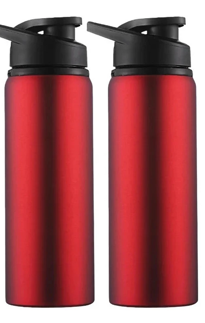 Two Ten Essentials 700ml stainless steel water bottles with black flip-top lids are shown side by side. Ideal for outdoor sports, these portable, reusable flasks come in a red box labeled RED 2PCS with white text.