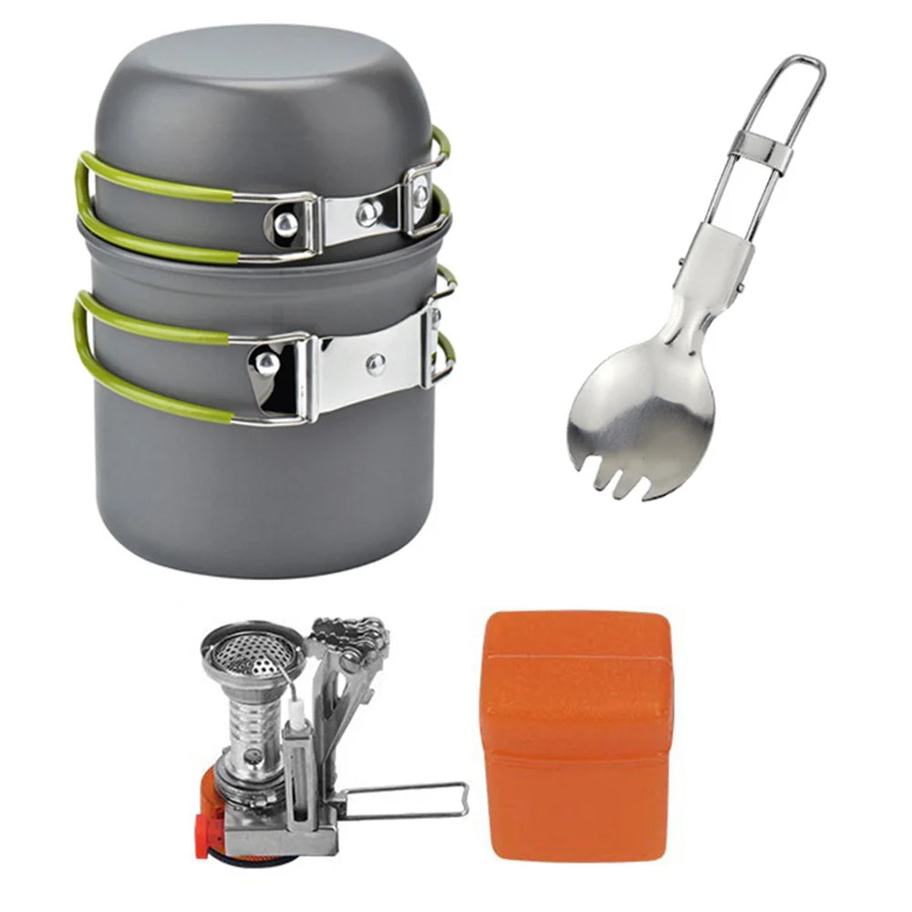 The Ten Essentials Camping Cookware Kit includes stackable grey pots with green handles, a foldable spork, a portable stove, and an orange case for efficient outdoor cooking.