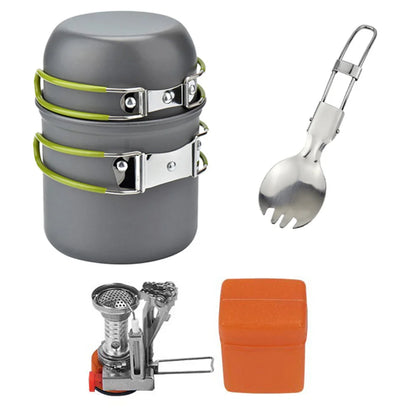 The Ten Essentials Camping Cookware Kit includes stackable grey pots with green handles, a foldable spork, a portable stove, and an orange case for efficient outdoor cooking.