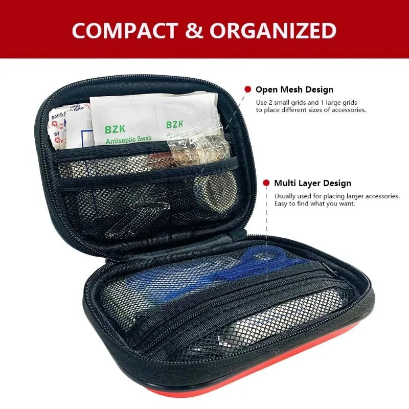 A small black zippered case is open, showing multiple mesh pockets with antiseptic swabs and accessories. The top reads COMPACT & ORGANIZED. Perfect as a Portable First Aid Kit Bag by Ten Essentials, it has two main sections for efficient medical storage at home, travel, or outdoor use.