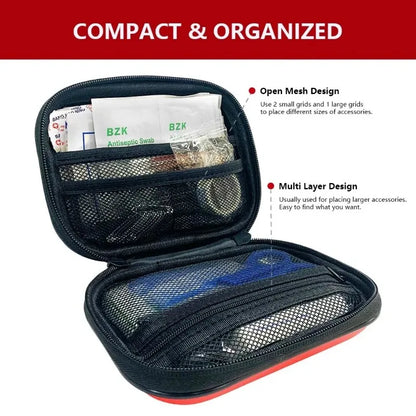A small black zippered case is open, showing multiple mesh pockets with antiseptic swabs and accessories. The top reads COMPACT & ORGANIZED. Perfect as a Portable First Aid Kit Bag by Ten Essentials, it has two main sections for efficient medical storage at home, travel, or outdoor use.