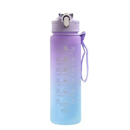 The Ten Essentials Sports Water Bottle features a purple-to-blue gradient, leak-proof flip cover, handle strap, and time markers with motivational quotes for easy hydration tracking. Capacity: 750-800ML.