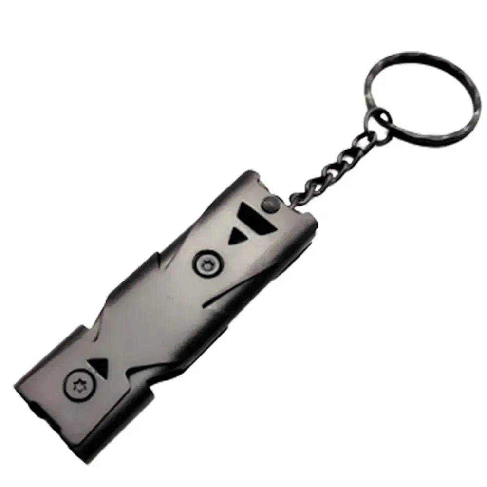The Ten Essentials High-Decibel Double Pipe Survival Whistle is a metallic keychain multitool with a rectangular body, a small chain and key ring, geometric patterns, two visible screws, and serves as an emergency signaling device.