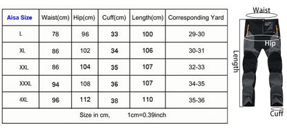 The Ten Essentials Men’s Quick-Dry Hiking Pants size chart in L, XL, XXL, XXXL, and 4XL includes waist, hip, cuff, and length in cm with yard sizes. Featuring ultra-stretch fabric illustration. Conversion: 1cm = 0.39 inches.