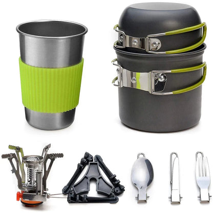 Compact and versatile, the Ten Essentials Camping Cookware Kit includes a green-handled stacked pot and pan, a stainless steel cup with green grip, a compact camping stove, black pot support, and foldable utensils—perfect for seamless outdoor cooking adventures.