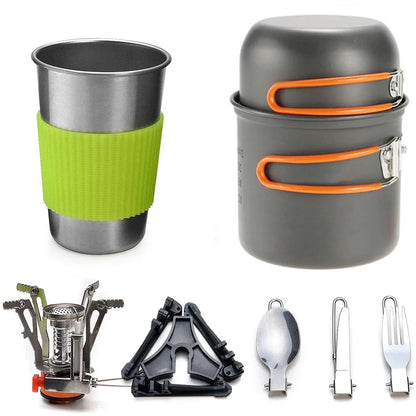 Introducing Ten Essentials Camping Cookware Kit with Stove: This lightweight outdoor cooking set includes a portable metal cup with a green sleeve, two stacked pots with orange handles, a foldable stove, a sleek black utensil stand, and three foldable utensils—a spoon, fork, and knife—for perfect outdoor cooking.
