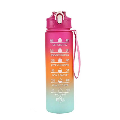 The Ten Essentials Sports Water Bottle (750-800ML) features a pink-to-blue gradient, motivational time markers from 8 AM to 6 PM such as Get Started and Keep Chugging, and has a pink cap with a loop handle for convenience.