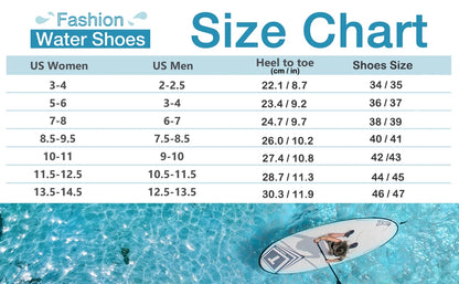 A size chart for Ten Essentials Mens Breathable Mesh Sneakers and Lightweight Non-Slip Hiking Shoes sits above an image of a person paddleboarding in clear water. Made with quick-dry fabric, the chart lists US sizes 34/35 – 46/47, plus heel-to-toe length in cm/in for men and women.