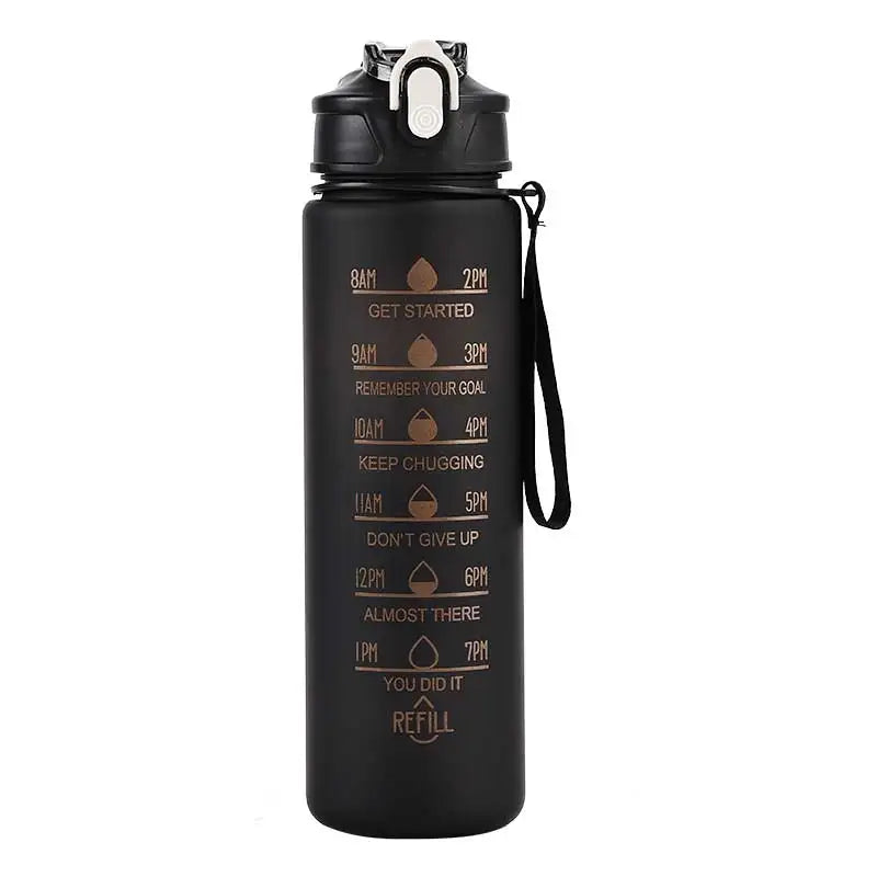 The Ten Essentials Sports Water Bottle (750-800ML) in black has motivational time markers from 8 AM to 7 PM, each with inspiring quotes like Get Started and Remember Your Goal. It includes a time-tracking straw, a black lid, and a convenient carrying strap.