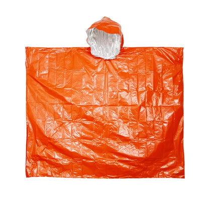 The Ten Essentials Emergency Rain Poncho with Mylar Blanket Liner, featuring Heat Retention Technology, is shown flat on a white background. Its shiny, orange exterior and silver inner lining are crafted for warmth in critical situations, with visible creases highlighted in the plastic-like material.