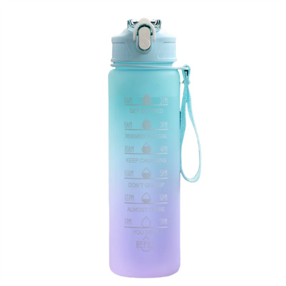 The Ten Essentials Sports Water Bottle features a blue-to-purple gradient with motivational time markers from 8 AM to 1 PM, a leak-proof flip-top lid, carrying strap, and time-tracking straw, available in 750-800ML.