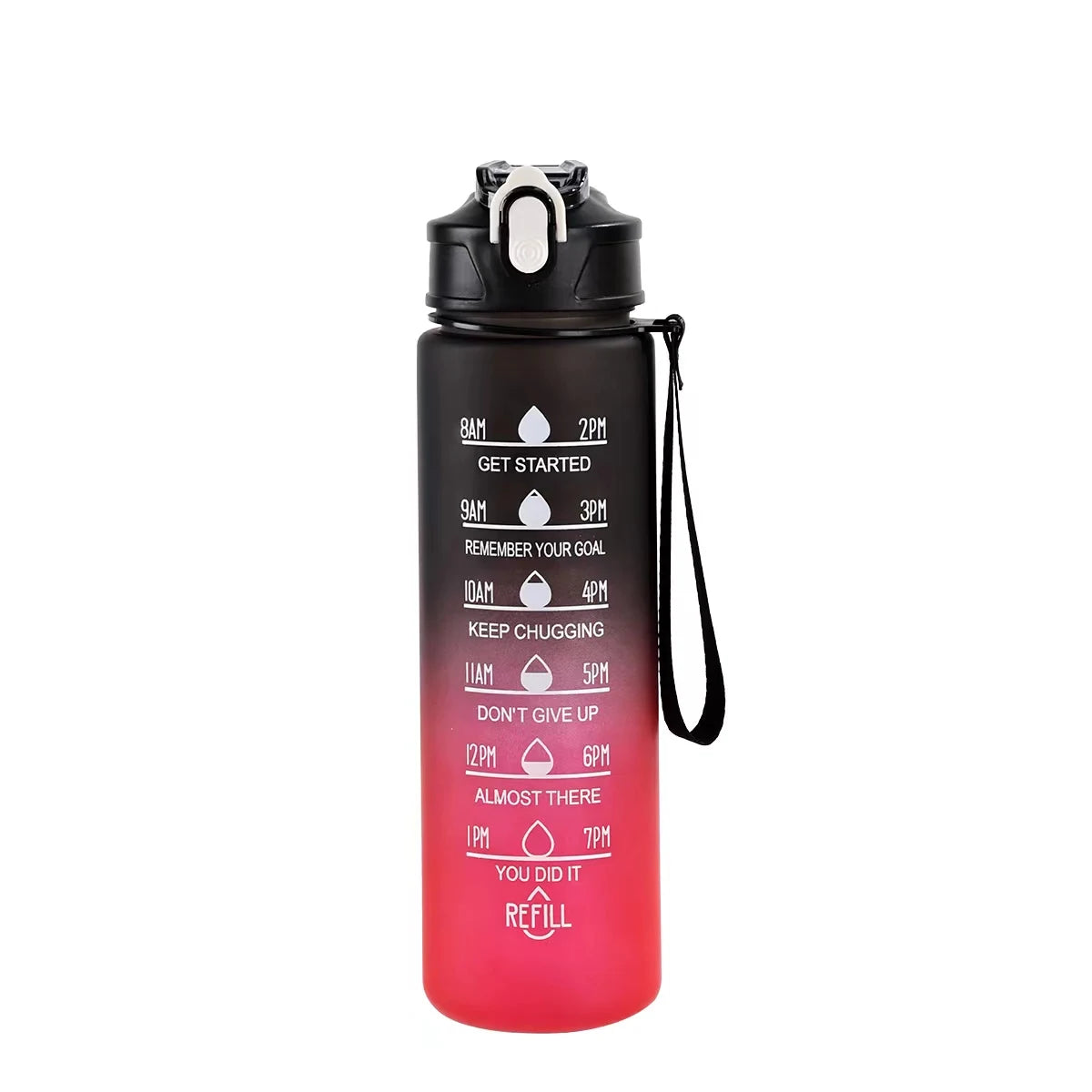 The Ten Essentials Sports Water Bottle with Time-Tracking and a leak-proof flip cover features a black-to-pink gradient, motivational phrases from 8AM GET STARTED to 7PM YOU DID IT RE-FILL, and includes a handy black strap for easy carrying. Capacity: 750-800ML.