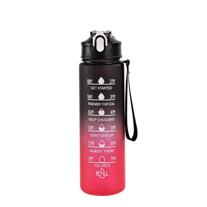 The Ten Essentials Sports Water Bottle with Time-Tracking and a leak-proof flip cover features a black-to-pink gradient, motivational phrases from 8AM GET STARTED to 7PM YOU DID IT RE-FILL, and includes a handy black strap for easy carrying. Capacity: 750-800ML.