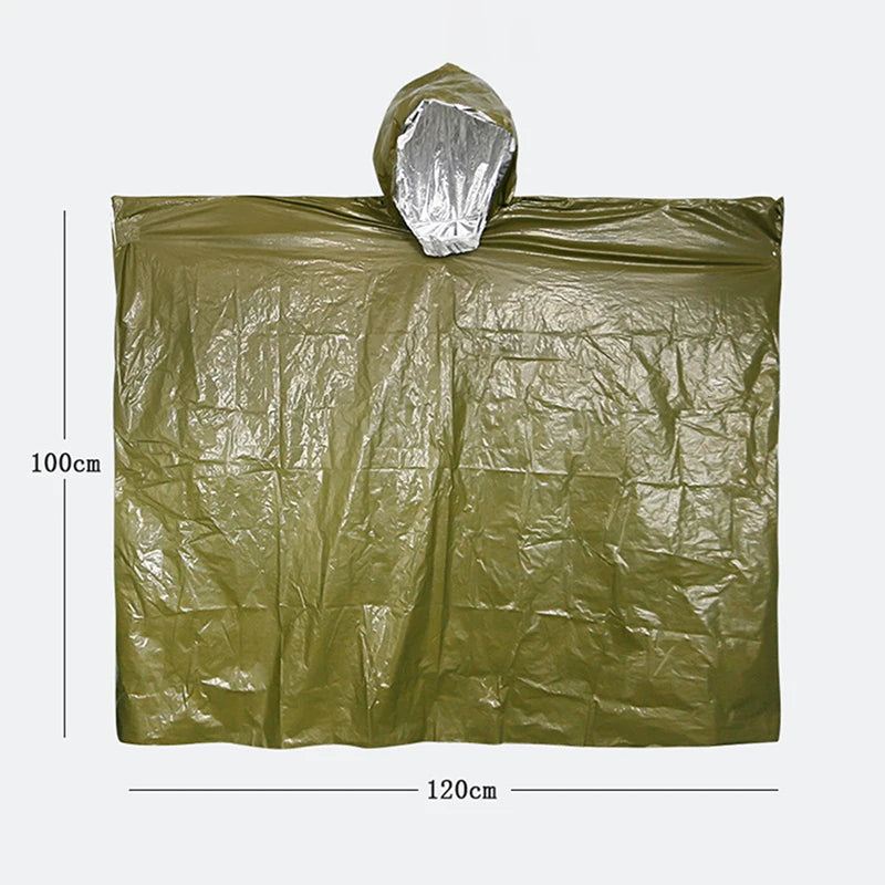 The Ten Essentials olive green emergency rain poncho, 100cm x 120cm, includes a hood and a smooth, reflective inner surface with heat retention technology as part of its Mylar blanket liner.