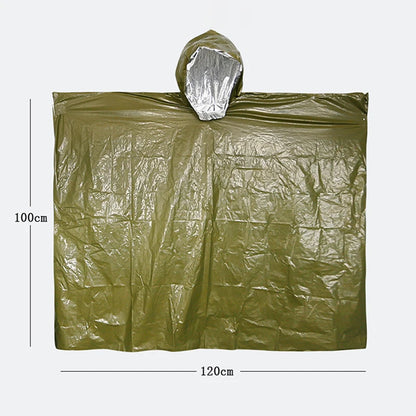 The Ten Essentials olive green emergency rain poncho, 100cm x 120cm, includes a hood and a smooth, reflective inner surface with heat retention technology as part of its Mylar blanket liner.