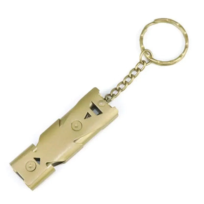 The Ten Essentials keychain, featuring a brass color and rectangular aluminum alloy body with visible screws, includes a short chain attached to a circular key ring. This product is known as the High-Decibel Double Pipe Survival Whistle – Portable Emergency Keychain.