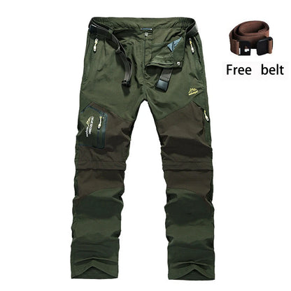 Ten Essentials Men’s Convertible Quick-Dry Hiking Pants, with reinforced knees and multiple pockets, come in green with a black belt looped through the waistband. A brown belt is also shown labeled Free belt, making them perfect for outdoor adventures.