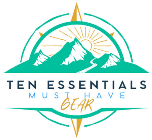 Logo featuring a stylized mountain with a winding path, sun, and compass design. Text reads Ten Essentials Must Have Gear with emphasis on Gear in orange. Color scheme includes teal and yellow.