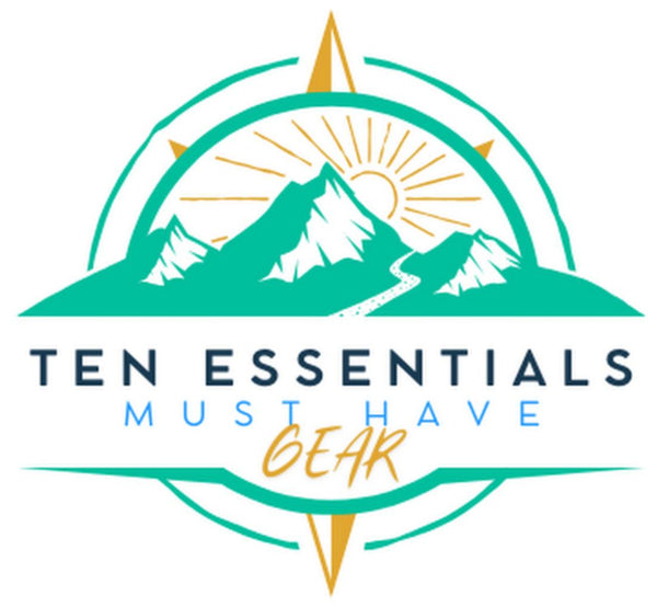 Logo featuring a stylized mountain with a winding path, sun, and compass design. Text reads Ten Essentials Must Have Gear with emphasis on Gear in orange. Color scheme includes teal and yellow.