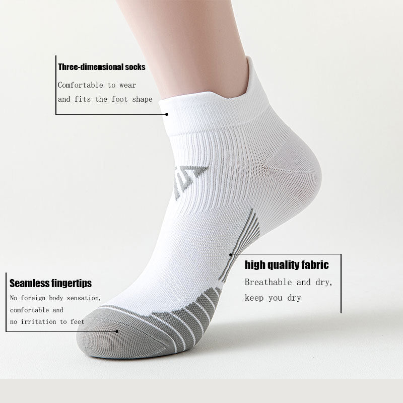 A foot wearing a white ankle sock with gray accents introduces the Modalyst 6 Pairs For Women Compression Sports Socks, featuring a 3D fit and seamless fingertips. These socks offer moisture-wicking capabilities, high-quality fabric, anti-blister protection, comfort, breathability, and an irritation-free design.